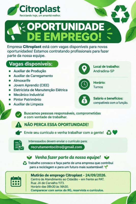 Citroplast realiza mutirão de empregos em Andradina com diversas vagas disponíveis