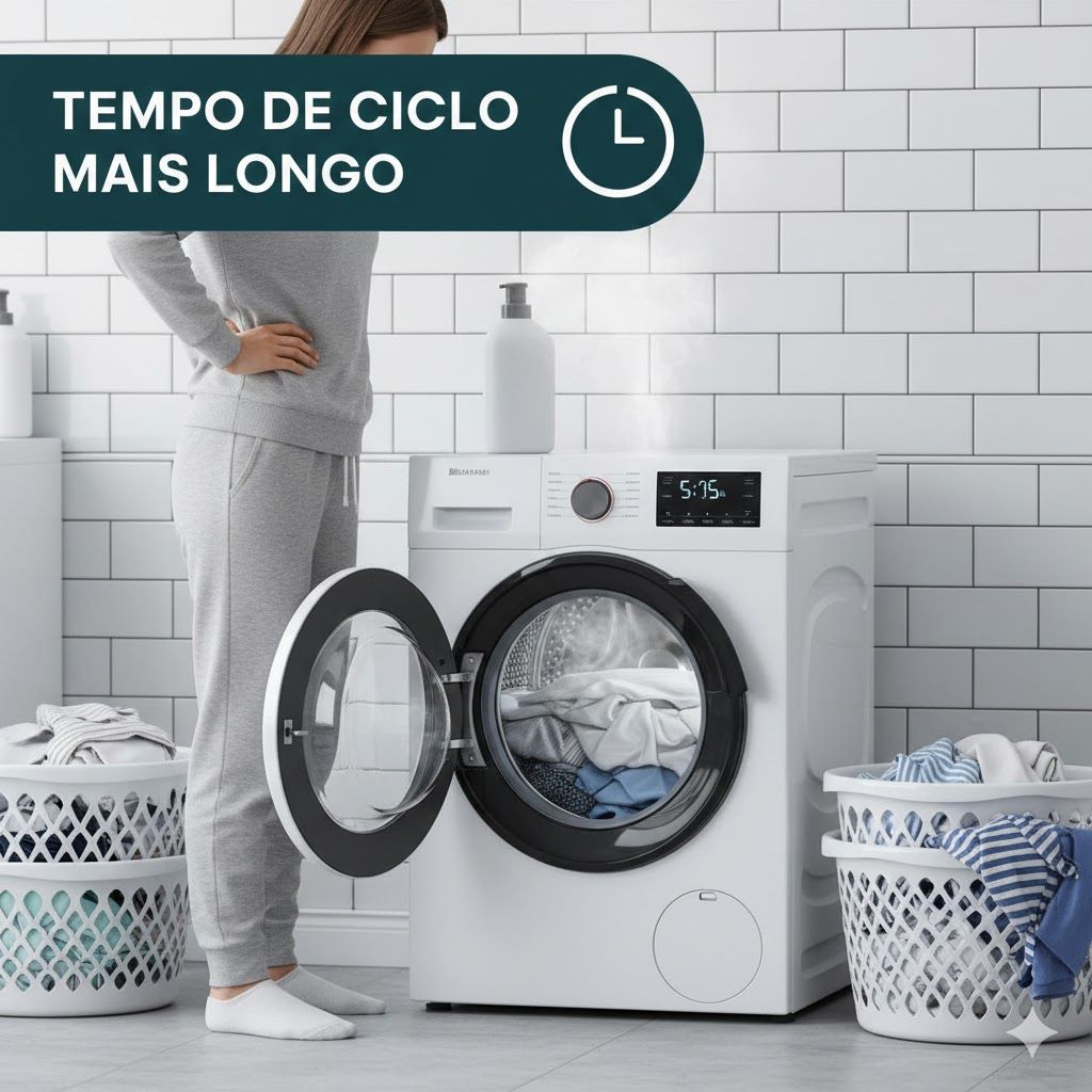 Imagem de O ciclo completo de lavagem e secagem pode demorar várias horas (em alguns casos, mais de 4 ou 5 horas). Isso pode ser um inconveniente se você precisar lavar e secar várias cargas de roupa rapidamente no mesmo dia. O ciclo completo de lavagem e secagem pode demorar várias horas (em alguns casos, mais de 4 ou 5 horas). Isso pode ser um inconveniente se você precisar lavar e secar várias cargas de roupa rapidamente no mesmo dia.