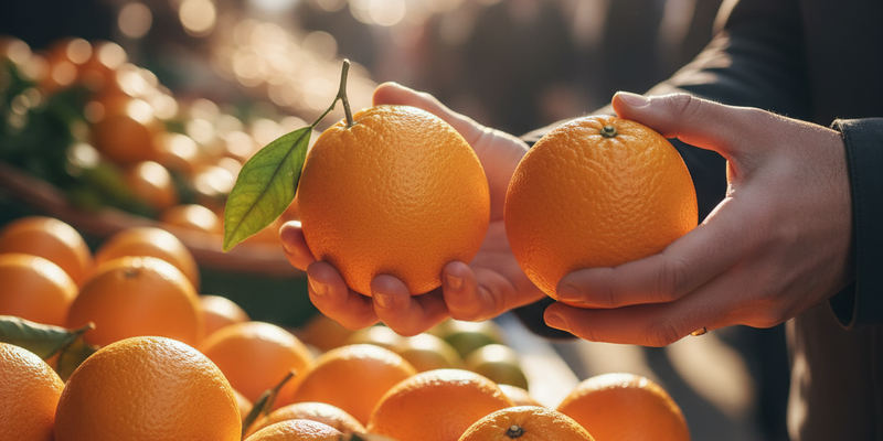 Imagem de Detalhe de uma mão segurando uma laranja, verificando o peso e a firmeza. Detalhe de uma mão segurando uma laranja, verificando o peso e a firmeza.