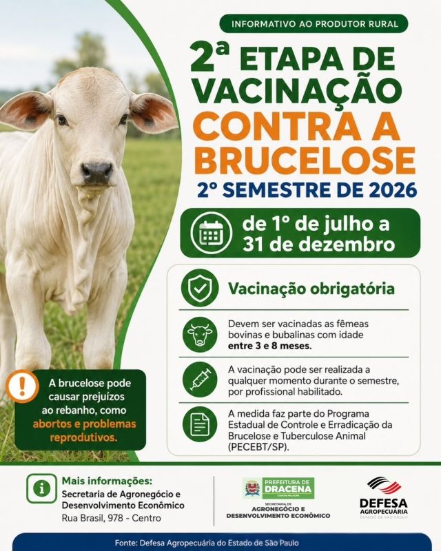 Prefeitura de Dracena inicia segunda fase da vacinação obrigatória contra brucelose em 2026