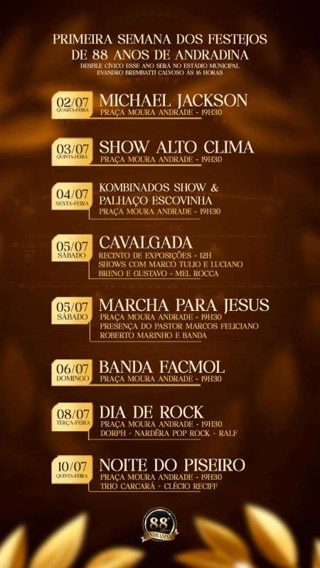 A cidade de Andradina dá início hoje (2 de julho) às comemorações de seu 88º aniversário