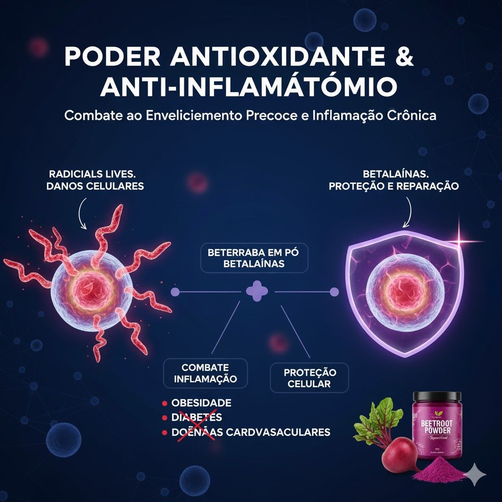 Imagem de Infográfico com ícones representando radicais livres e células danificadas, e um escudo simbolizando a proteção celular e reparo pelas betalaínas da beterraba em pó. Menciona a redução de riscos de obesidade, diabetes e doenças cardiovasculares. O texto "Poder Antioxidante & Anti-inflamatório. Combate ao envelhecimento precoce e inflamação crônica." está na imagem. Infográfico com ícones representando radicais livres e células danificadas, e um escudo simbolizando a proteção celular e reparo pelas betalaínas da beterraba em pó. Menciona a redução de riscos de obesidade, diabetes e doenças cardiovasculares. O texto "Poder Antioxidante & Anti-inflamatório. Combate ao envelhecimento precoce e inflamação crônica." está na imagem.