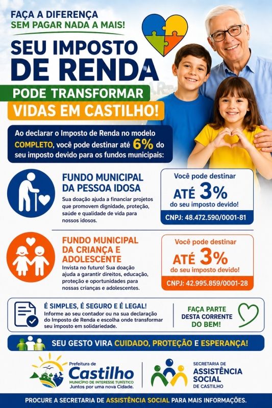 Como destinir até 6% do Imposto de Renda em Castilho para ajudar idosos e crianças