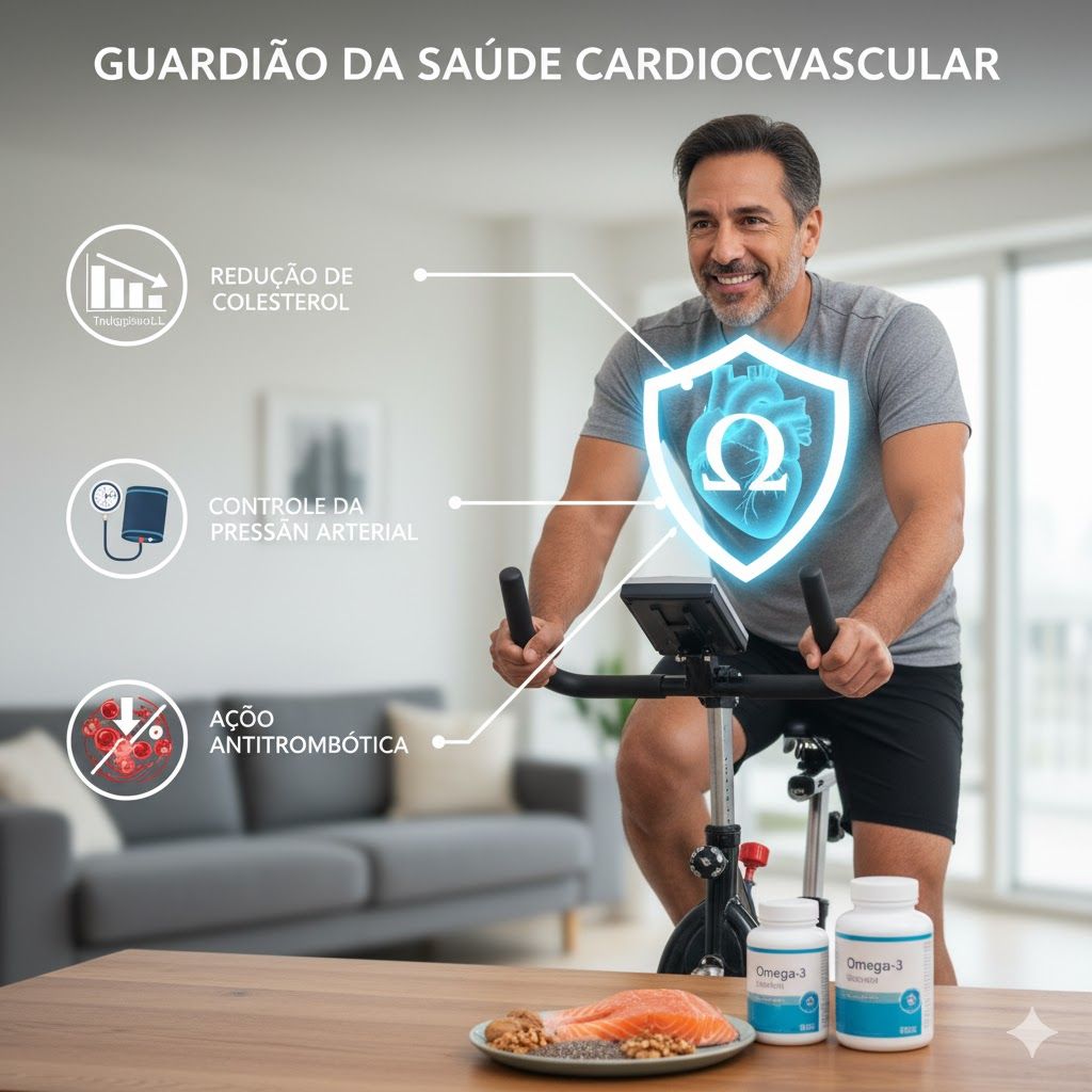 Imagem de Homem sorridente de meia-idade pedalando uma bicicleta ergométrica, representando a saúde cardiovascular protegida pelo Ômega 3. Um escudo brilhante com o símbolo ômega (Ω) no centro protege o coração. Ao lado, ícones destacam os benefícios: redução de colesterol e triglicerídeos, controle da pressão arterial e ação antitrombótica. Em primeiro plano, encontram-se suplementos de Ômega 3 e fontes alimentares como salmão e sementes. O cenário é uma sala iluminada com uma vista externa.
Homem sorridente de meia-idade pedalando uma bicicleta ergométrica, representando a saúde cardiovascular protegida pelo Ômega 3. Um escudo brilhante com o símbolo ômega (Ω) no centro protege o coração. Ao lado, ícones destacam os benefícios: redução de colesterol e triglicerídeos, controle da pressão arterial e ação antitrombótica. Em primeiro plano, encontram-se suplementos de Ômega 3 e fontes alimentares como salmão e sementes. O cenário é uma sala iluminada com uma vista externa.