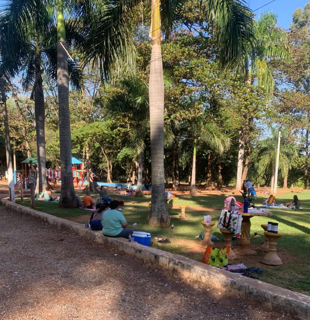 Família se diverte em piquenique no Parque da Fazenda, Araçatuba.