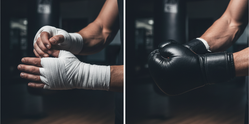 Sempre experimente com as bandagens (hand wraps). A bandagem correta é a base que dá estrutura aos seus ossos, e a luva deve acomodar esse volume com um ajuste firme.