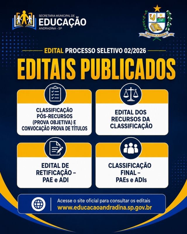 Prefeitura de Andradina divulga resultados e recursos do Processo Seletivo 02/2026 para magistério, PAE e ADI