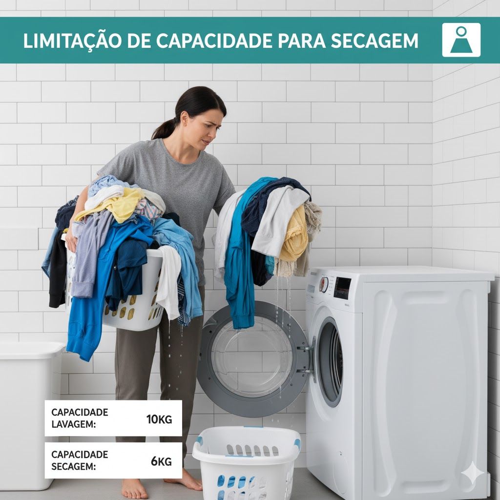 Imagem de É importante notar que a capacidade de secagem de uma lava e seca é geralmente menor do que a capacidade de lavagem. Por exemplo, uma máquina com capacidade para 10kg de lavagem pode ter capacidade para apenas 6kg de secagem. Isso significa que, após a lavagem, você pode precisar remover parte das roupas para secar o restante em duas levas.
É importante notar que a capacidade de secagem de uma lava e seca é geralmente menor do que a capacidade de lavagem. Por exemplo, uma máquina com capacidade para 10kg de lavagem pode ter capacidade para apenas 6kg de secagem. Isso significa que, após a lavagem, você pode precisar remover parte das roupas para secar o restante em duas levas.