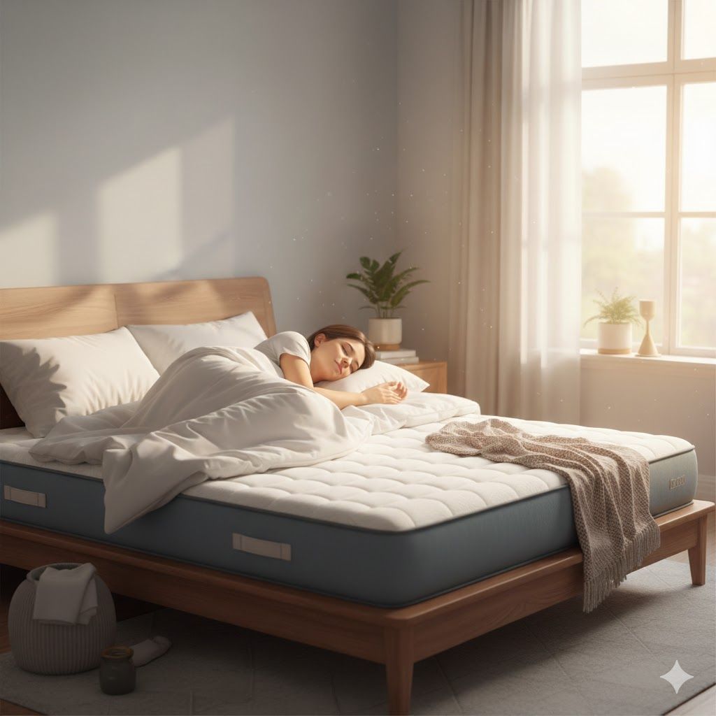Imagem de Uma pessoa dormindo serenamente em um colchão aconchegante, em um quarto bem iluminado, transmitindo a ideia de descanso e bem-estar. Uma pessoa dormindo serenamente em um colchão aconchegante, em um quarto bem iluminado, transmitindo a ideia de descanso e bem-estar.