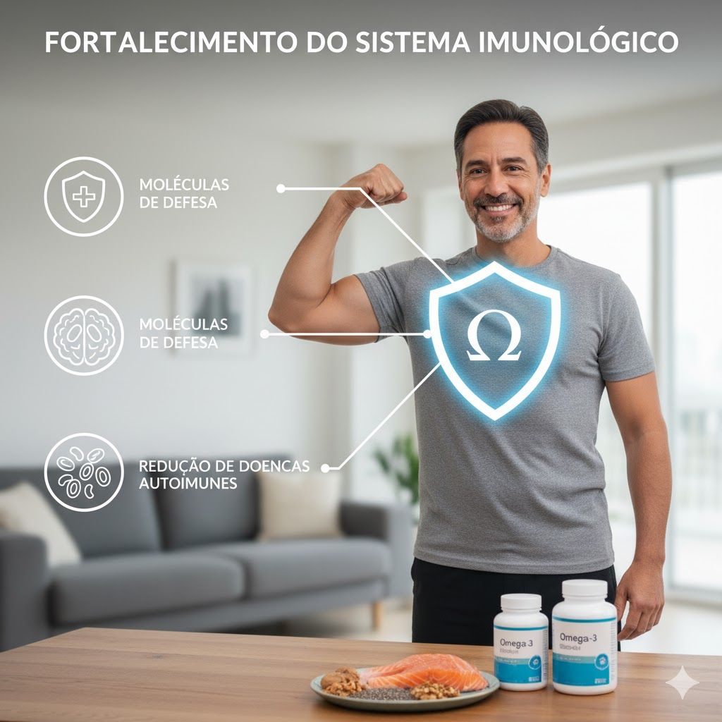 Imagem de Homem sorridente e confiante flexionando o braço, simbolizando um sistema imunológico forte e fortalecido pelo Ômega 3. Um escudo brilhante com o símbolo ômega (Ω) no centro realça a ideia de proteção. Ícones ao lado destacam a produção de moléculas de defesa e a redução de doenças autoimunes. Suplementos de Ômega 3 e alimentos saudáveis (salmão, sementes) estão na mesa em primeiro plano, reforçando as fontes do nutriente. Homem sorridente e confiante flexionando o braço, simbolizando um sistema imunológico forte e fortalecido pelo Ômega 3. Um escudo brilhante com o símbolo ômega (Ω) no centro realça a ideia de proteção. Ícones ao lado destacam a produção de moléculas de defesa e a redução de doenças autoimunes. Suplementos de Ômega 3 e alimentos saudáveis (salmão, sementes) estão na mesa em primeiro plano, reforçando as fontes do nutriente.