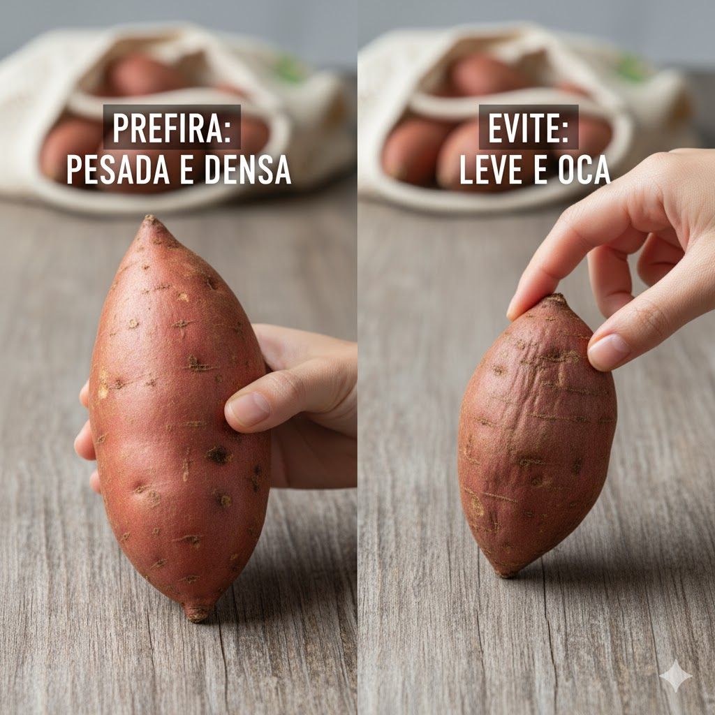 Imagem de Como escolher batata doce: Comparação visual entre batata doce pesada e densa (boa qualidade) e batata doce leve e oca (má qualidade). Dicas para identificar batatas frescas. Como escolher batata doce: Comparação visual entre batata doce pesada e densa (boa qualidade) e batata doce leve e oca (má qualidade). Dicas para identificar batatas frescas.