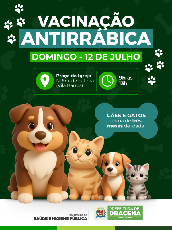 Prefeitura realiza vacinação antirrábica gratuita neste domingo em Vila Barros