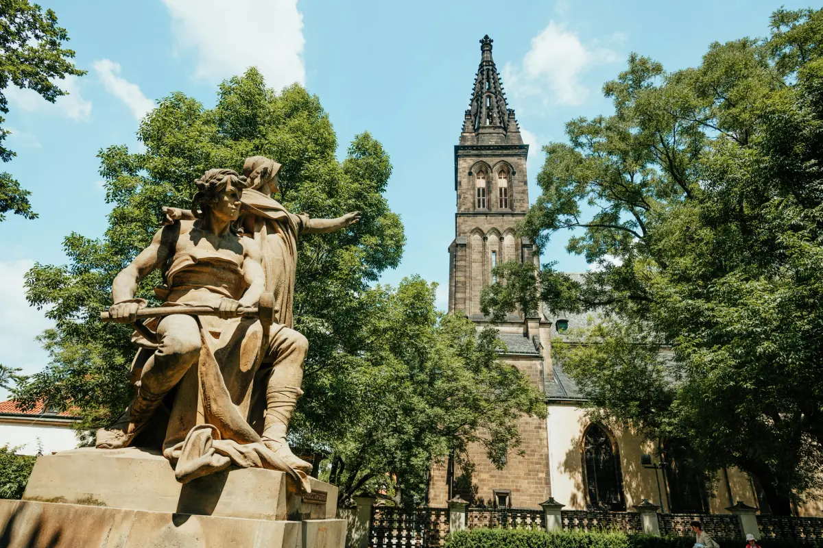 Statue of Libuše and Přemysl by Josef Václav Myslbek next to the Vyšehrad basilica