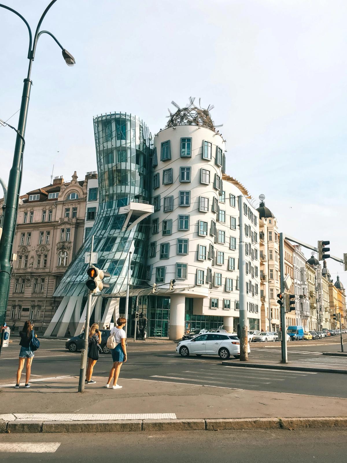 Detail of the Dancing House towers in Prague, known as Fred and Ginger