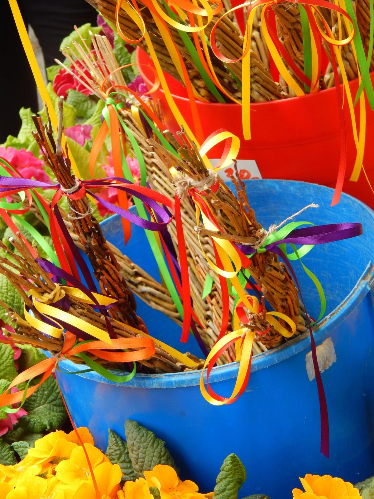 Czech pomlázka: a willow rod braided with colored ribbons, an Easter tradition in the Czech Republic