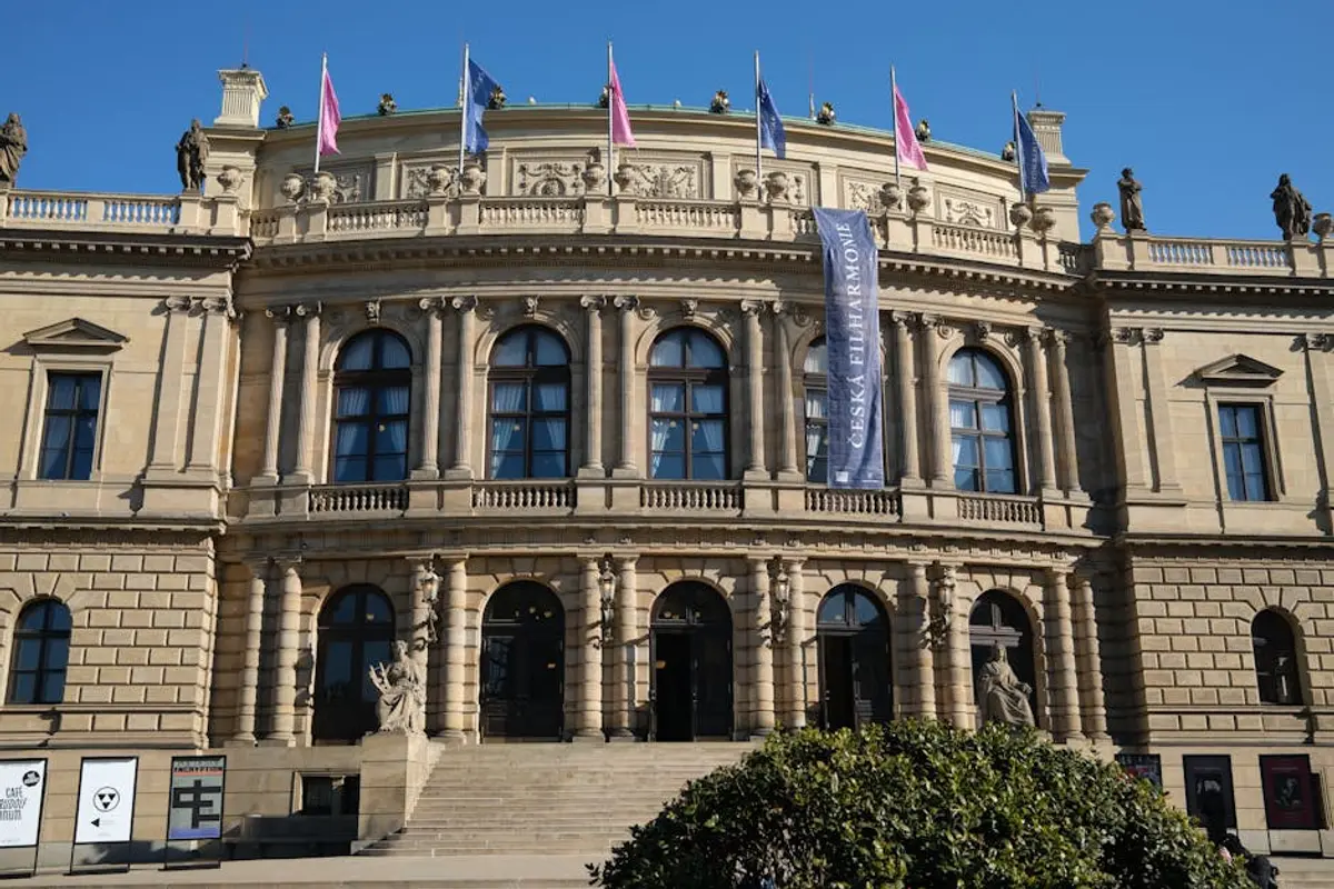 Rudolfinum facade, home of the Czech Philharmonic, beside the Vltava river