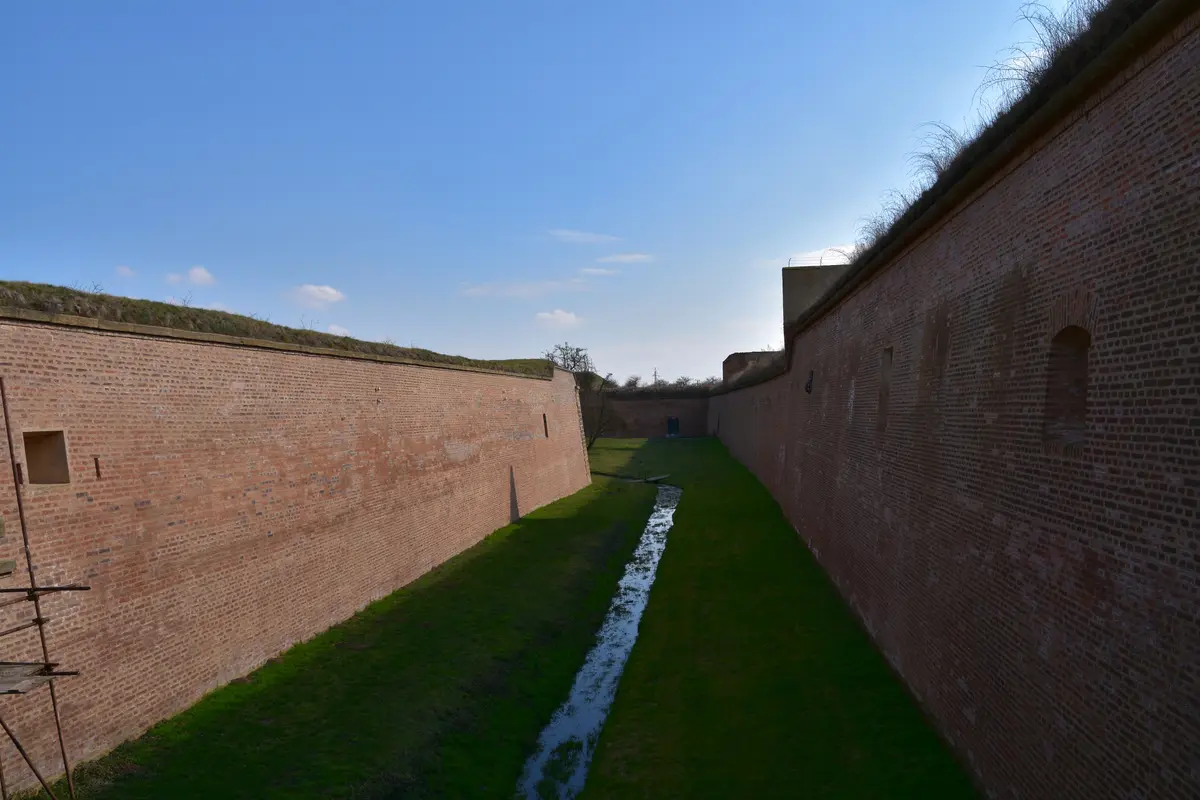 Moat and brick ramparts of the Small Fortress in Terezín