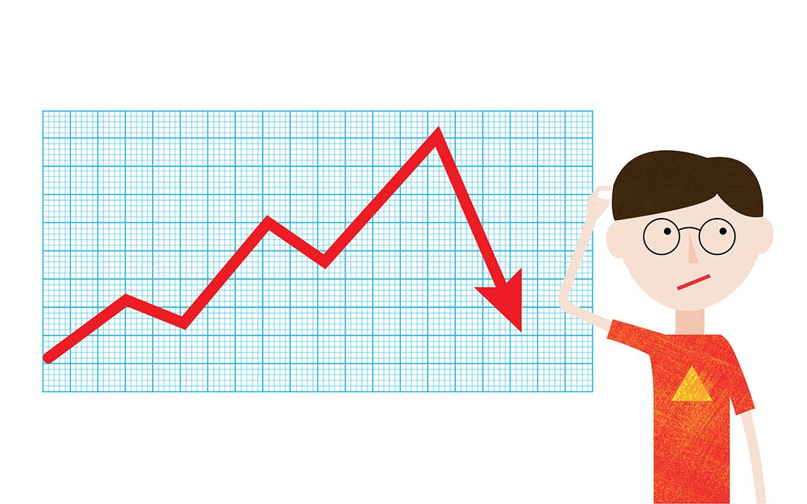 An illustration of a graph with a rising line that suddenly drops, with an arrow on the end. Next to it is a student scratching his head