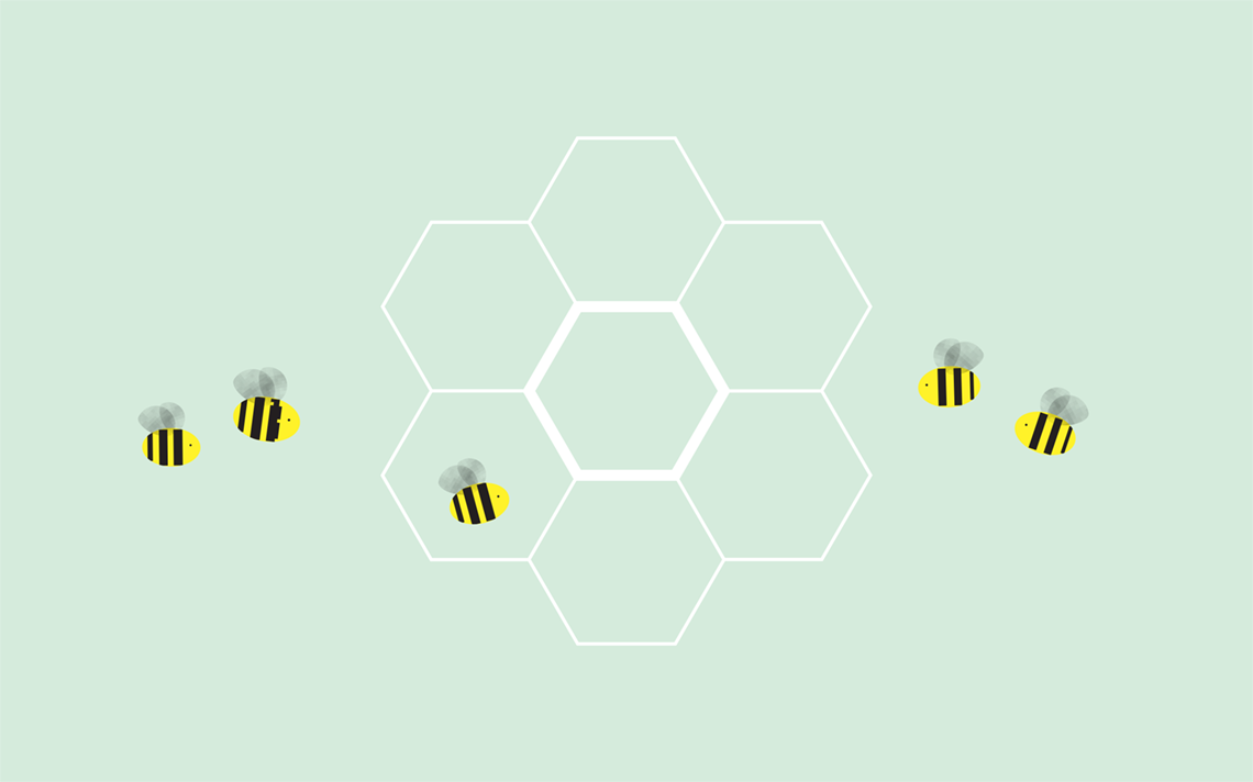 Happy looking bees flying toward an array of 7 hexagonal honeycombs arranged in a circle.