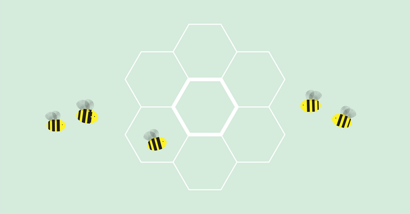 Happy looking bees flying toward an array of 7 hexagonal honeycombs arranged in a circle.