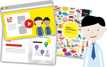 Maths — No Problem! on a browser and book cover next to a teacher