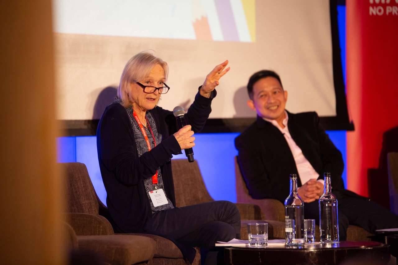 Early years maths expert Dr Sue Gifford talking on stage with Dr Yeap Ban Har at the Maths — No Problem! Mastery Conference.