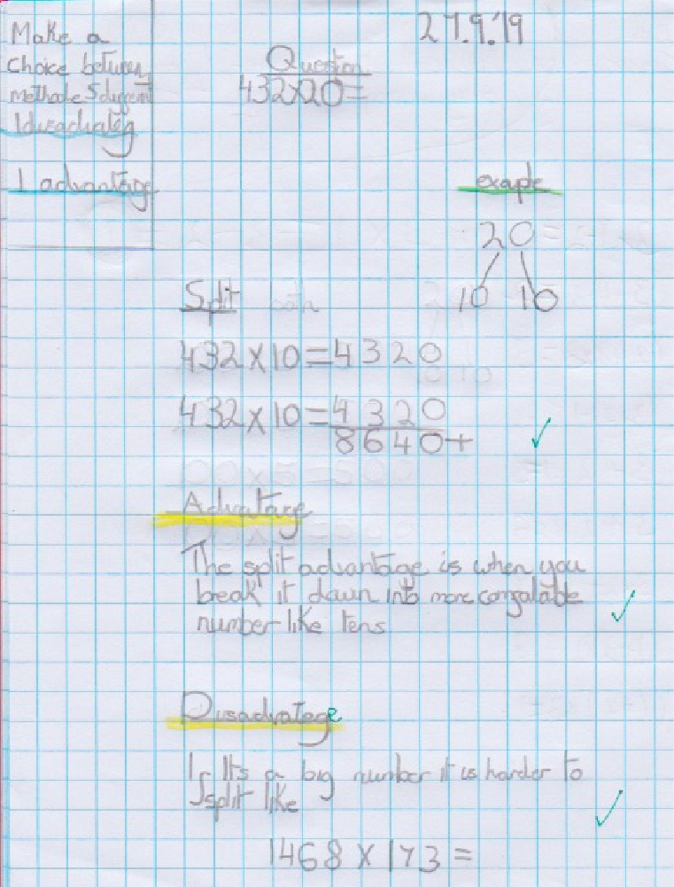 advantages and disadvantages of multiplying for an answer in a maths journal by pupil
