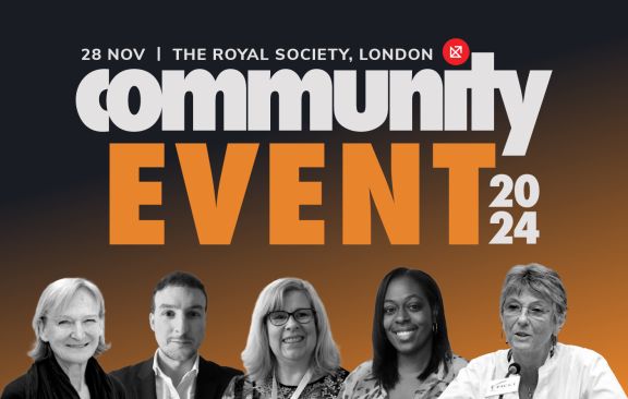 Promotional banner for a 2024 community event at The Royal Society in London, featuring keynote speakers