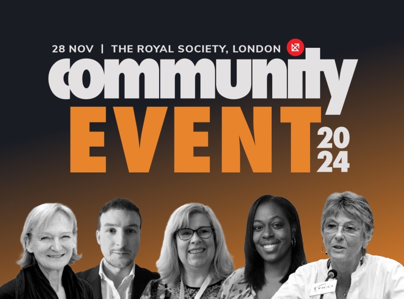 Promotional banner for a 2024 community event at The Royal Society in London, featuring keynote speakers