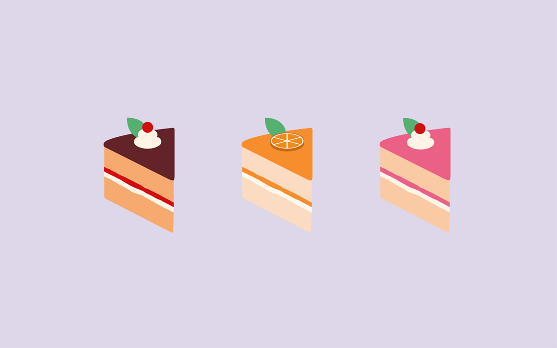 Three pieces of cake in different flavours. One chocolate slice with cherry and vanilla cream, one orange slice with orange and vanilla cream, and a strawberry cakes with strawberry and vanilla cream