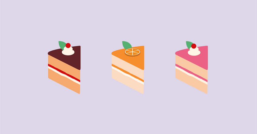 Three pieces of cake in different flavours. One chocolate slice with cherry and vanilla cream, one orange slice with orange and vanilla cream, and a strawberry cakes with strawberry and vanilla cream