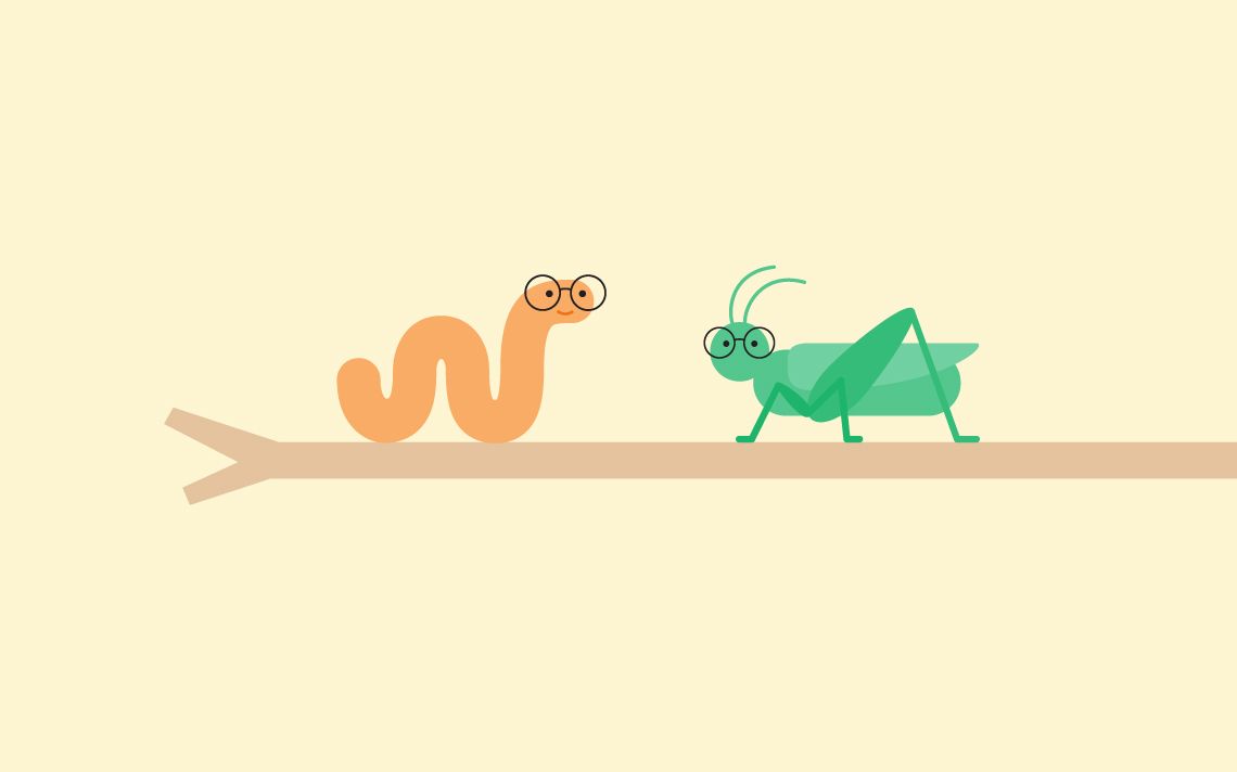 An orange inchworm and a green grasshopper, both wearing glasses and standing on a tree branch