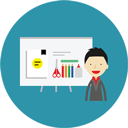 illustration of a teacher in front of a whiteboard showing a notebook and other school material