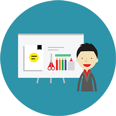 illustration of a teacher in front of a whiteboard showing a notebook and other school material