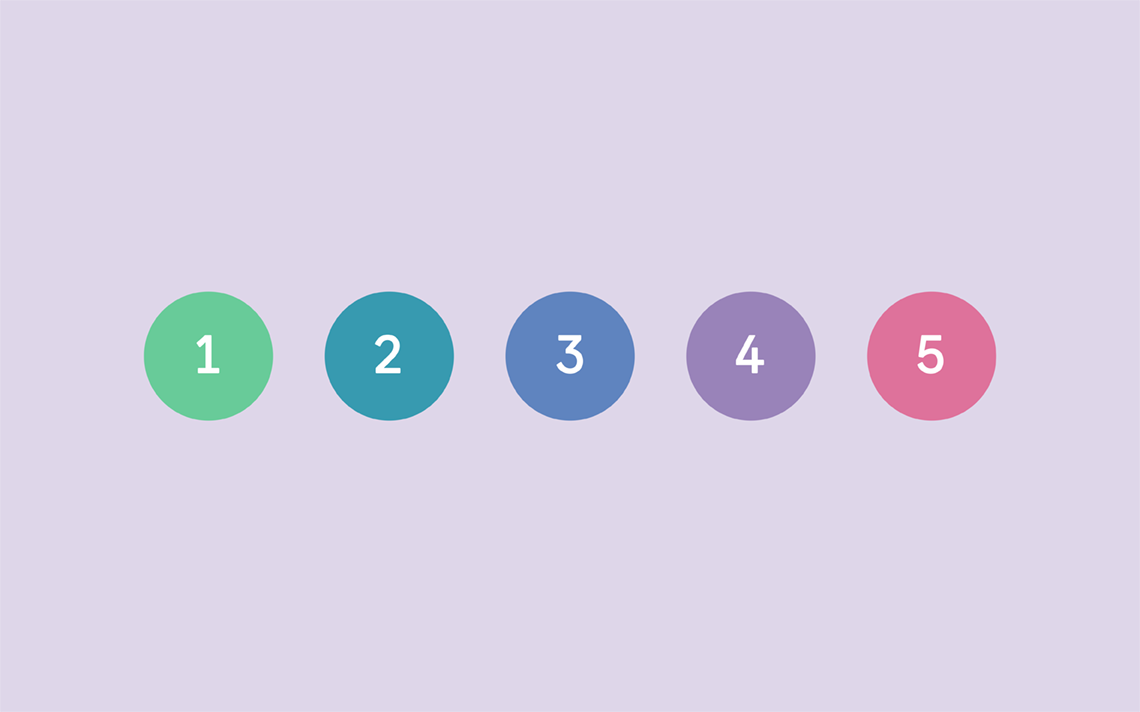 5 different coloured circles numbered 1 to 5