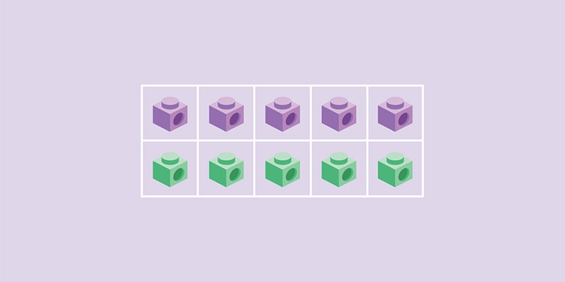 Purple and green linking cubes representing concrete, pictorial and abstract approach to learning maths