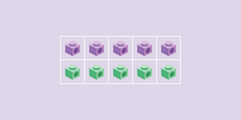 Purple and green linking cubes representing concrete, pictorial and abstract approach to learning maths