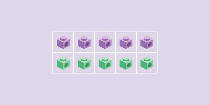 Purple and green linking cubes representing concrete, pictorial and abstract approach to learning maths