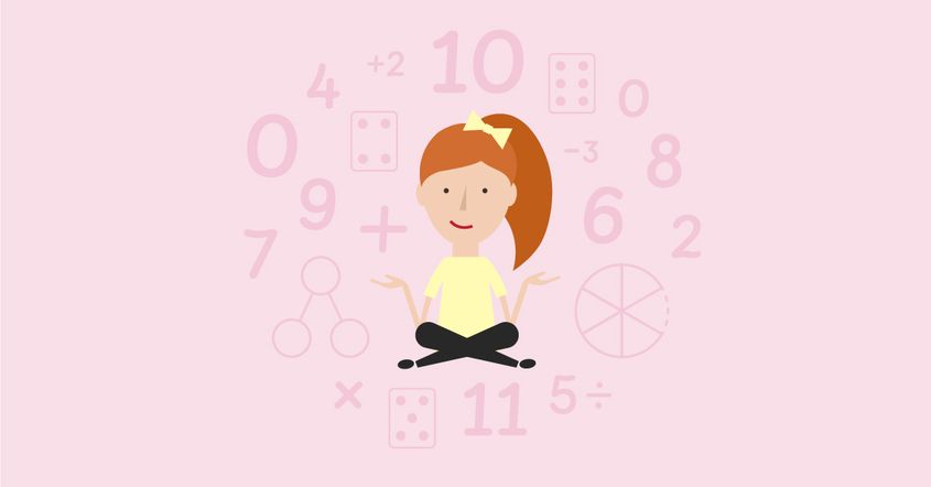 A maths mastery student sitting cross legged surrounded by maths symbolism like number bonds, equations and more