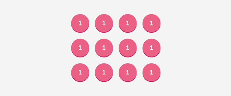 Twelve pink counters are arranged to represent 3 groups of 4.