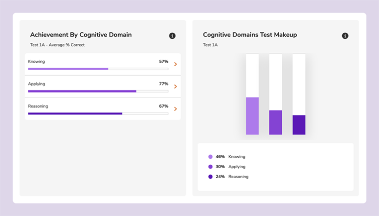 An example of Maths — No Problem! online assessment tool Insights, which shows a the data of a learner's achievement by cognitive domain in different shades of purple.