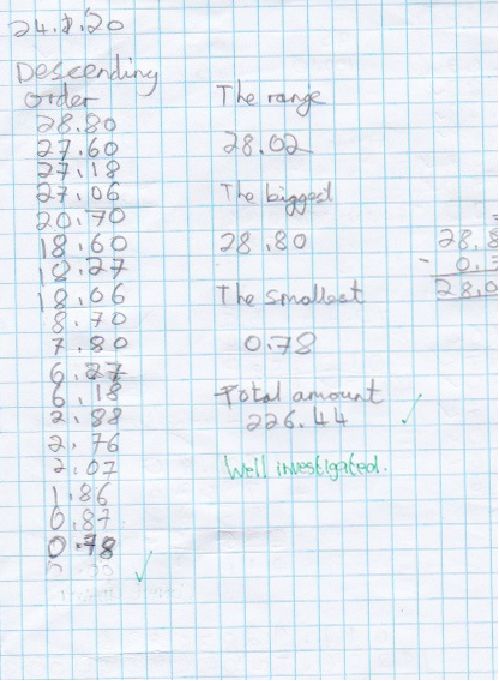 A maths journal entry where the pupil wrote the decimals in descending order