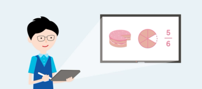 A teacher projecting fractions example on a television