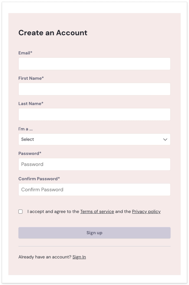 Pomegranate setting up your account form