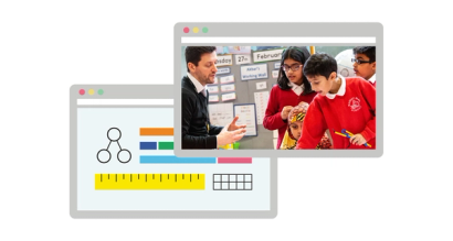 two browser windows one with a maths mastery teacher teaching international primary students
