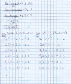 A maths journal entry where a pupil explores adding the number to the hundredth