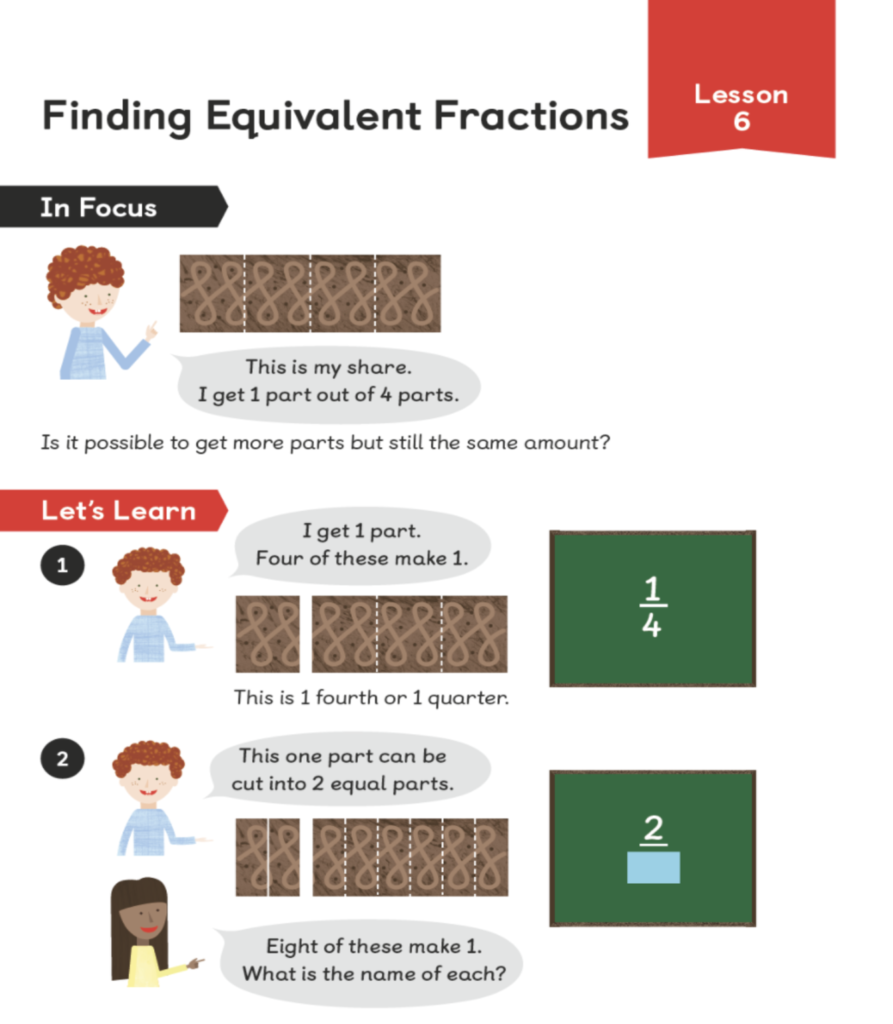 Maths mastery textbook page on finding equivalent fractions