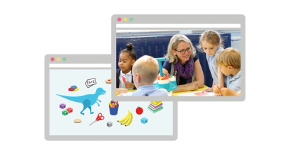 two browser windows one with a primary maths teacher teaching young pupils mathematics