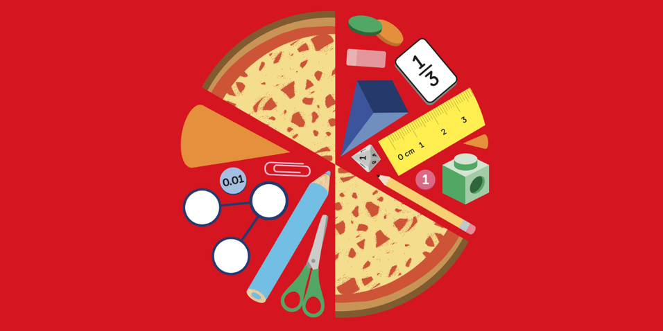 Graphic of circle made up of two pizza slices and mathematics and learning objects.