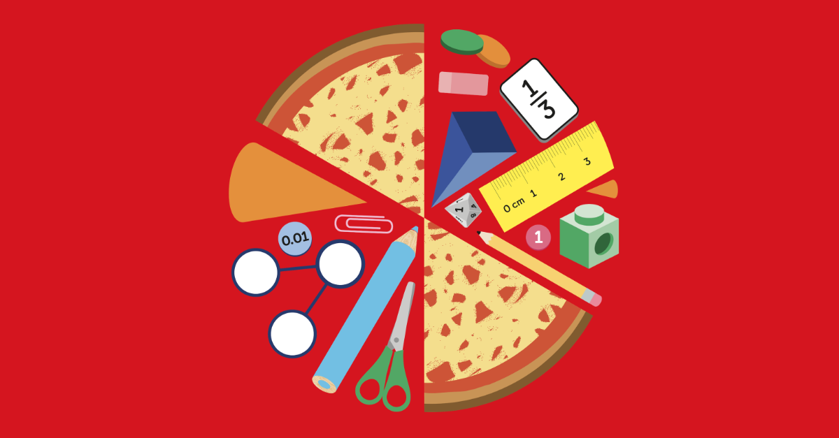 Graphic of circle made up of two pizza slices and mathematics and learning objects.
